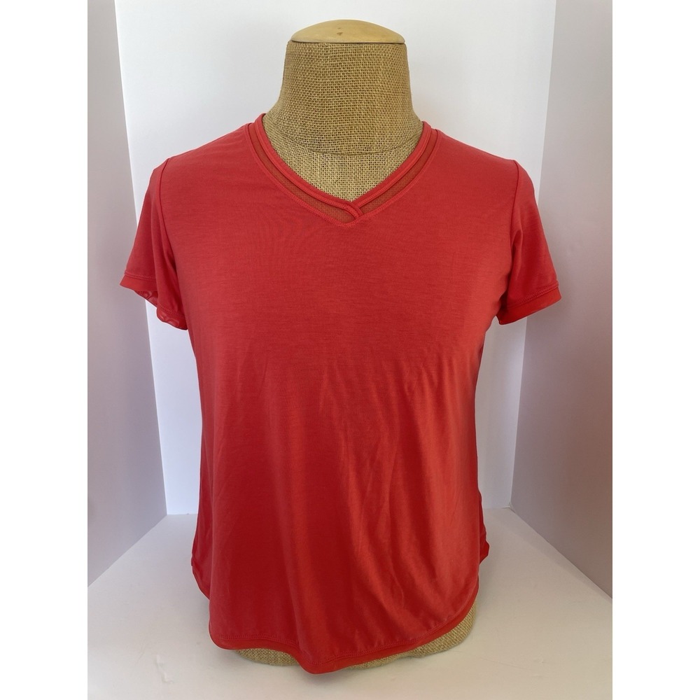 Tangerine Womens Athletic V-neck Top Large Coral Short Sleeve Activewear Yoga‎